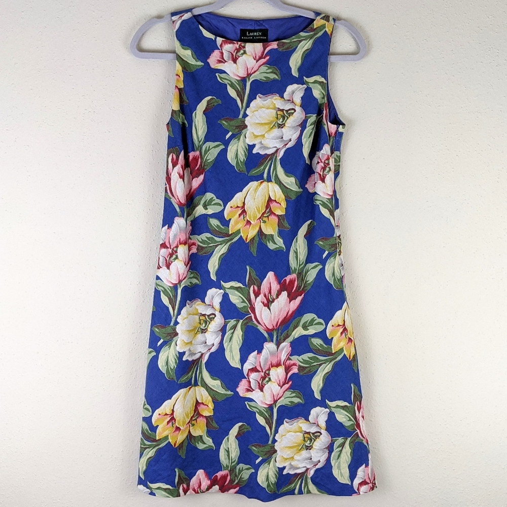 LRL Floral Print Blue Green Linen Dress 4 NWOT